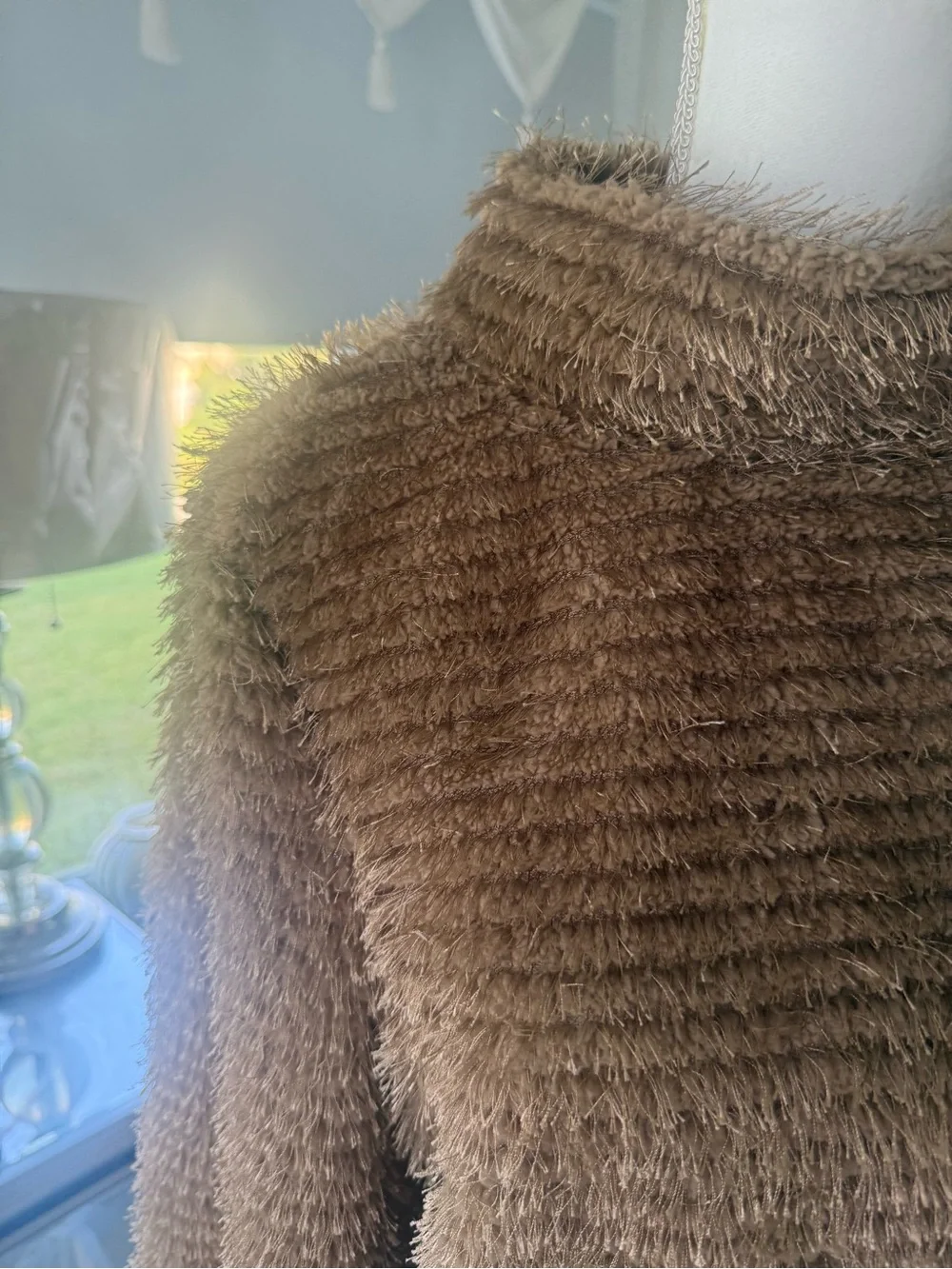 Vince Camuto tan brown textured eyelash knit, fluffy cowl neck tunic sweater